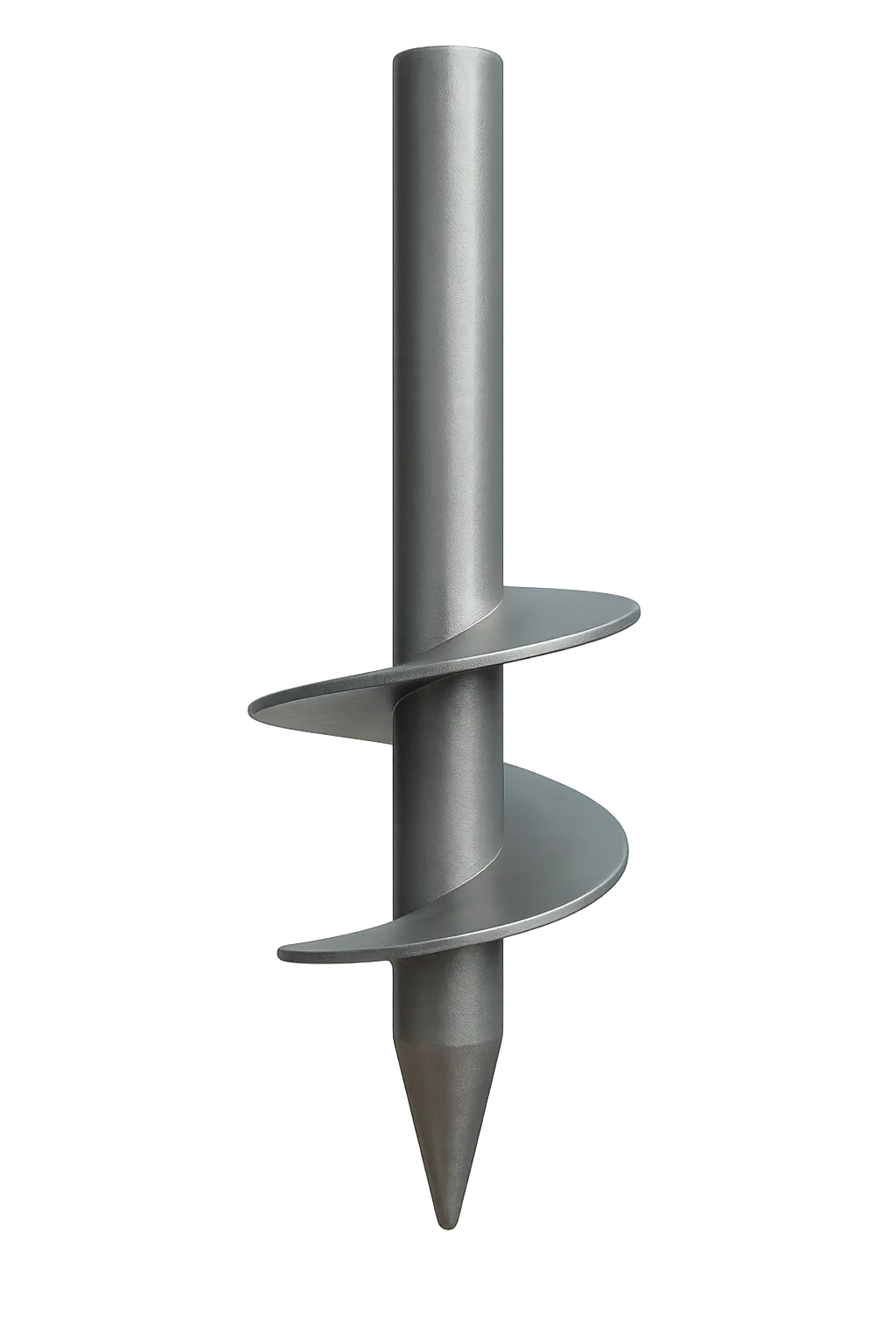 3D rendering of a galvanized steel helical pier with dual helix plates used for foundation repair and structural stabilization.