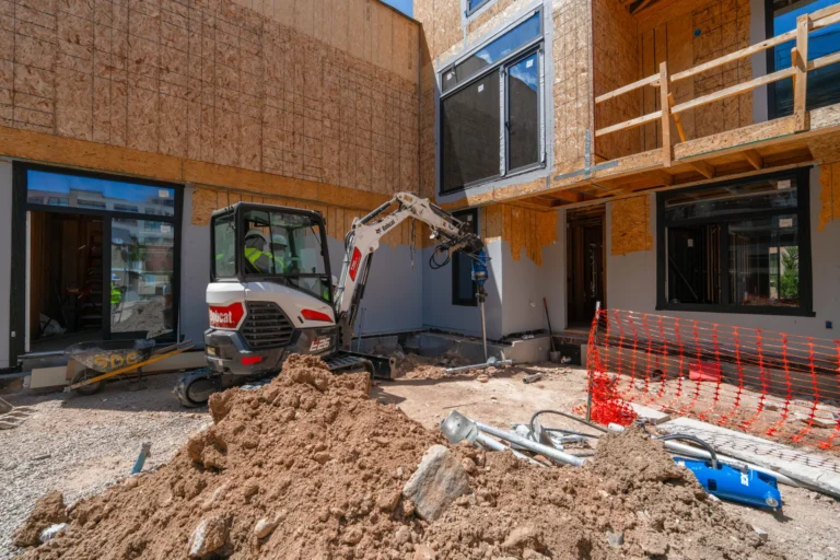 Fort August Foundation crew performing commercial foundation repair and helical pier preparation with compact equipment at an ongoing project in Fort Collins Colorado.